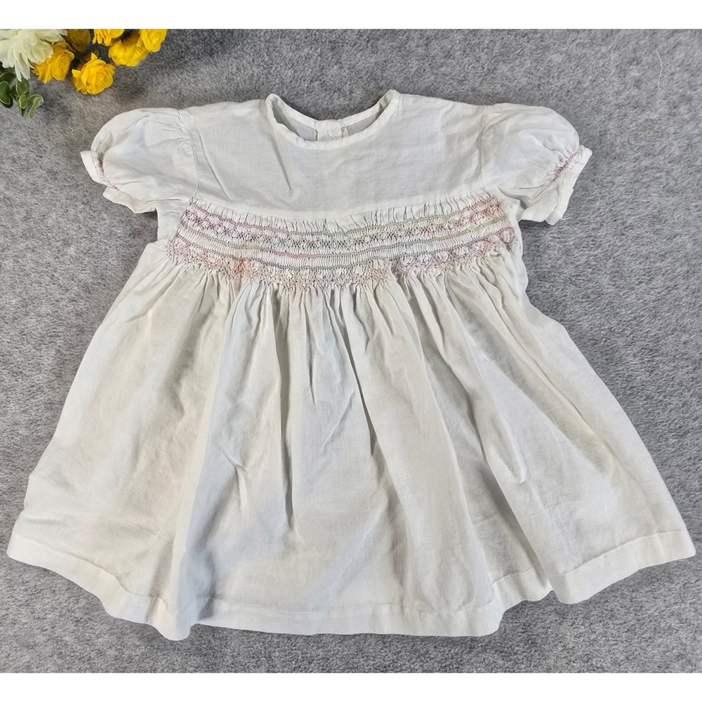 Vintage Hand Smocked Baby Dress White Cotton Pastel Embroidery Short Sleeve 3-6m - Picture 1 of 9